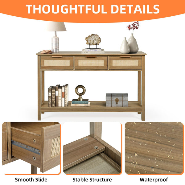 LAZZO Rattan Console Table Boho Entryway Table Narrow Long Sofa Table Hallway Foyer Table Behind Couch Table with 3 Drawers and Open Storage Shelf for Living Room and Corridor Natural Wood