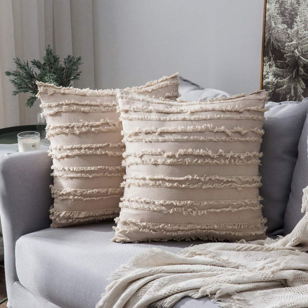 MIULEE Set of 2 Decorative Boho Throw Pillow Covers Linen Striped Jacquard Pattern Christmas Cushion Covers for Sofa Couch Living Room Bedroom 26x26 Inch White