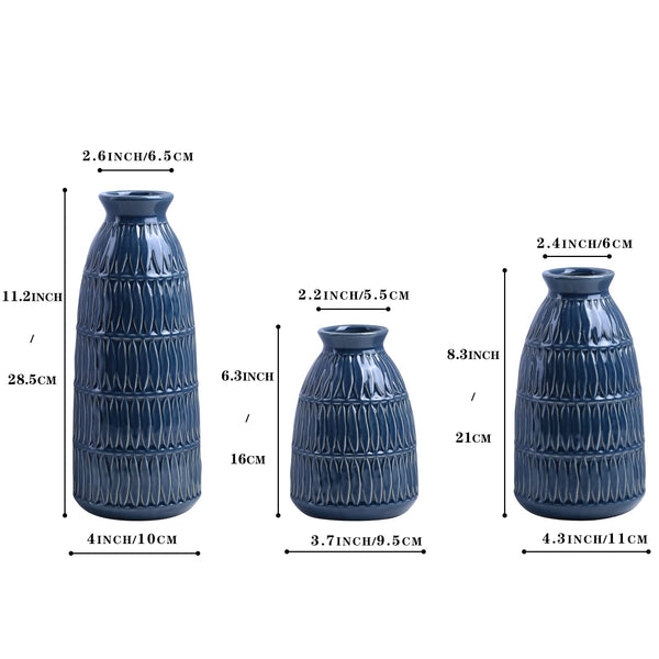 Yundu Navy Blue Ceramic Flower Vases for Home Decor Set of 3, Living Room Décor, Modern Farmhouse and Neutral Home Décor, Pmpas Grass Vase, Shelf, Mantle, Centerpieces Minimalist Décor