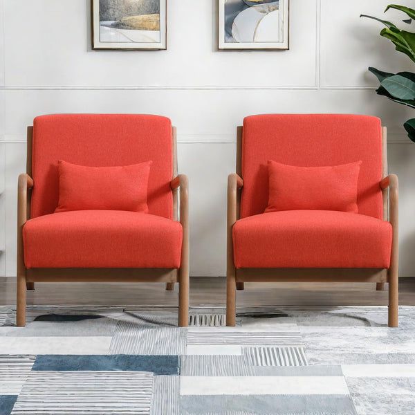 INZOY Mid Century Modern Accent Chair with Wood Frame, Upholstered Living Room Chairs with Waist Cushion, Reading Armchair for Bedroom Sunroom (Beige)