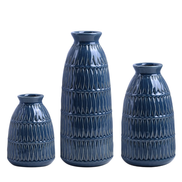Yundu Navy Blue Ceramic Flower Vases for Home Decor Set of 3, Living Room Décor, Modern Farmhouse and Neutral Home Décor, Pmpas Grass Vase, Shelf, Mantle, Centerpieces Minimalist Décor