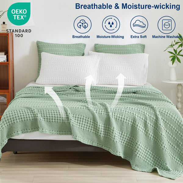 PHF 100% Cotton Waffle Weave Throw Blanket for Couch - Lightweight Washed Cotton Throw Blanket for Bed - 50"x60" Aesthetic Breathable Blanket for Room Decor & Office - Oatmeal