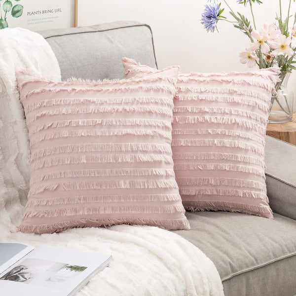 MIULEE Set of 2 Decorative Boho Throw Pillow Covers Linen Striped Jacquard Pattern Christmas Cushion Covers for Sofa Couch Living Room Bedroom 26x26 Inch White
