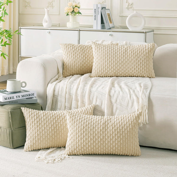 Set of 4 Neutral Decorative Pillow Covers 18x18 Inch Corduroy Throw Pillow Covers for Bed Couch Sofa Living Room Soft Cushion Cases