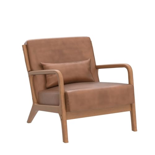 INZOY Mid Century Modern Accent Chair with Wood Frame, Upholstered Living Room Chairs with Waist Cushion, Reading Armchair for Bedroom Sunroom (Beige)