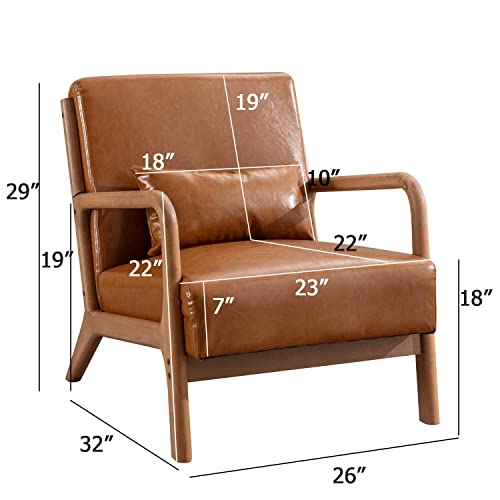 INZOY Mid Century Modern Accent Chair with Wood Frame, Upholstered Living Room Chairs with Waist Cushion, Reading Armchair for Bedroom Sunroom (Beige)