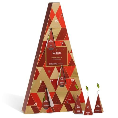 Tea Forte Warming Joy Holiday Herbal Tea Advent Calendar, Gift Set of 24 Pyramid Infuser Tea Bags with Numbered Calendar