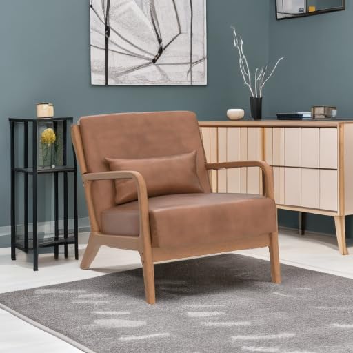 INZOY Mid Century Modern Accent Chair with Wood Frame, Upholstered Living Room Chairs with Waist Cushion, Reading Armchair for Bedroom Sunroom (Beige)