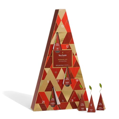 Tea Forte Warming Joy Holiday Herbal Tea Advent Calendar, Gift Set of 24 Pyramid Infuser Tea Bags with Numbered Calendar