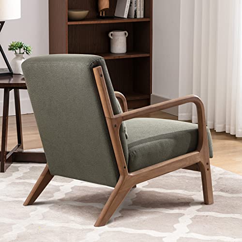 INZOY Mid Century Modern Accent Chair with Wood Frame, Upholstered Living Room Chairs with Waist Cushion, Reading Armchair for Bedroom Sunroom (Beige)