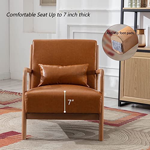 INZOY Mid Century Modern Accent Chair with Wood Frame, Upholstered Living Room Chairs with Waist Cushion, Reading Armchair for Bedroom Sunroom (Beige)