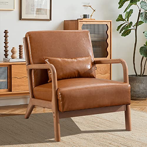 INZOY Mid Century Modern Accent Chair with Wood Frame, Upholstered Living Room Chairs with Waist Cushion, Reading Armchair for Bedroom Sunroom (Beige)