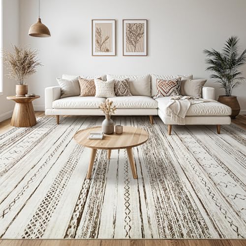 Area Rug Living Room Rugs - 5x7 Washable Large Soft Neutral Boho Moroccan Bohemian Farmhouse Rug Indoor Floor Carpet for Bedroom Under Dining Table Home Office Decor - Cream Brown