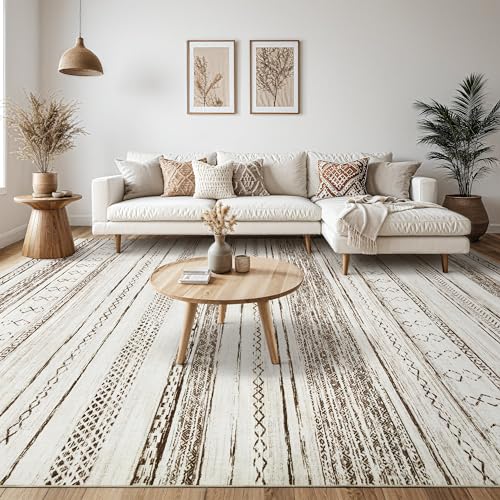 Area Rug Living Room Rugs - 5x7 Washable Large Soft Neutral Boho Moroccan Bohemian Farmhouse Rug Indoor Floor Carpet for Bedroom Under Dining Table Home Office Decor - Cream Brown
