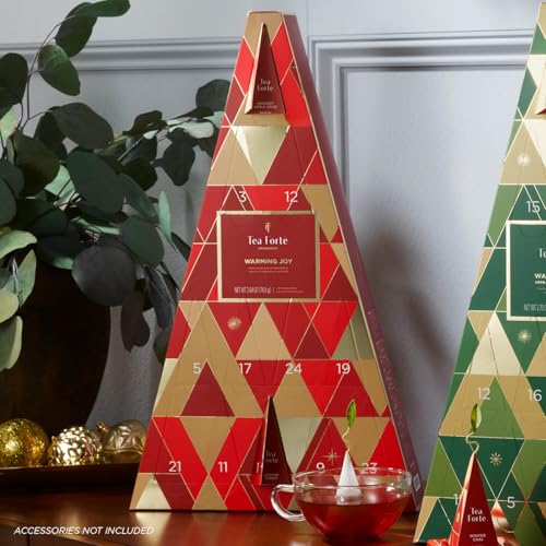 Tea Forte Warming Joy Holiday Herbal Tea Advent Calendar, Gift Set of 24 Pyramid Infuser Tea Bags with Numbered Calendar