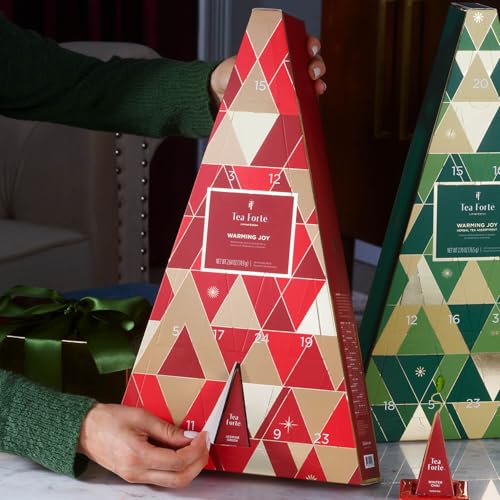 Tea Forte Warming Joy Holiday Herbal Tea Advent Calendar, Gift Set of 24 Pyramid Infuser Tea Bags with Numbered Calendar