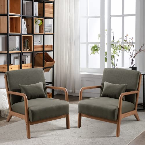 INZOY Mid Century Modern Accent Chair with Wood Frame, Upholstered Living Room Chairs with Waist Cushion, Reading Armchair for Bedroom Sunroom (Beige)