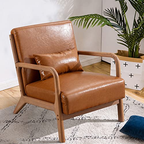 INZOY Mid Century Modern Accent Chair with Wood Frame, Upholstered Living Room Chairs with Waist Cushion, Reading Armchair for Bedroom Sunroom (Beige)