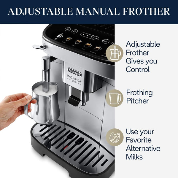 De'Longhi Magnifica Evo Automatic Espresso & Coffee Machine with Manual Milk Frother for Latte, Cappuccino, Iced Coffee, Built-in Grinder, ECAM29043SB