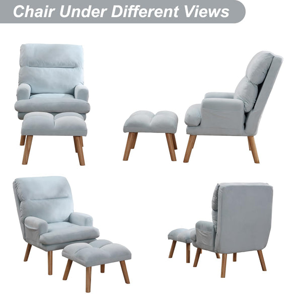 INZOY Accent Chairs with Ottoman, Leatherette Armchair with Ottoman for Bedroom Living Room, Mid Century Modern Chair with Adjustable Backrest and Side Pockets, Sky Blue