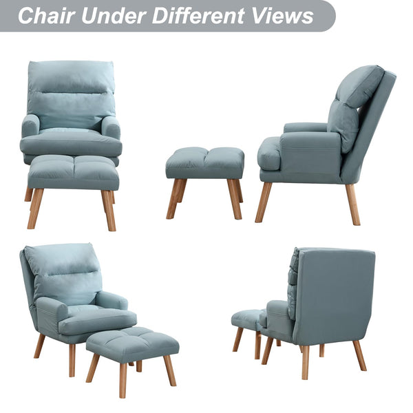 INZOY Accent Chairs with Ottoman, Leatherette Armchair with Ottoman for Bedroom Living Room, Mid Century Modern Chair with Adjustable Backrest and Side Pockets, Sky Blue