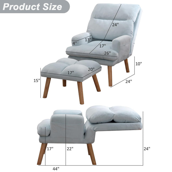 INZOY Accent Chairs with Ottoman, Leatherette Armchair with Ottoman for Bedroom Living Room, Mid Century Modern Chair with Adjustable Backrest and Side Pockets, Sky Blue