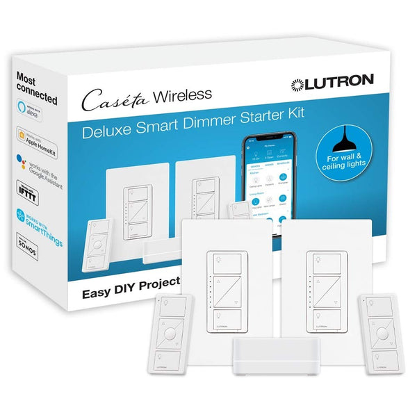 Lutron Caseta Smart Lighting Kit w/ Hub, 2 Original Dimmer Switches, 2 Pico Remotes, & More, for LED Bulbs, Works w/ Alexa, Apple Homekit, Google Home, 150W Single-Pole/3-Way, P-BDG-PKG2W-A