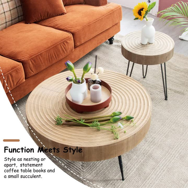 2-Piece Modern Farmhouse Living Room Coffee Table Set, Nesting Table Round Natural Finish with Handcrafted Wood Ring Motif, Wood Colour