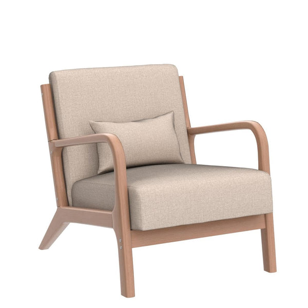 INZOY Mid Century Modern Accent Chair with Wood Frame, Upholstered Living Room Chairs with Waist Cushion, Reading Armchair for Bedroom Sunroom (Beige)