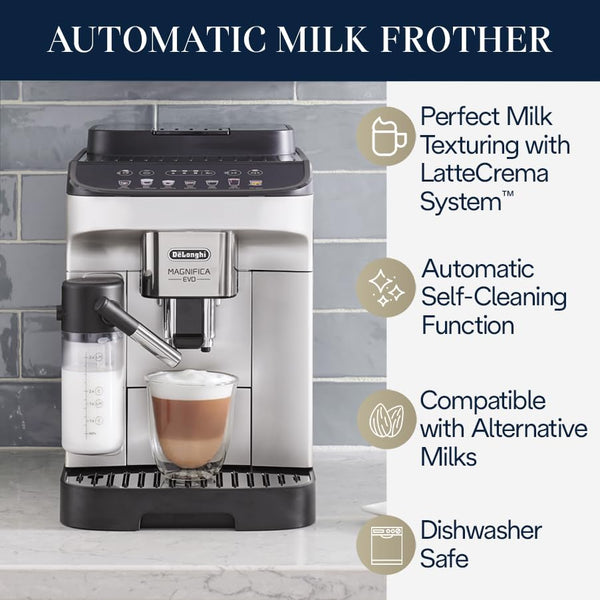 De'Longhi Magnifica Evo Automatic Espresso & Coffee Machine with Manual Milk Frother for Latte, Cappuccino, Iced Coffee, Built-in Grinder, ECAM29043SB