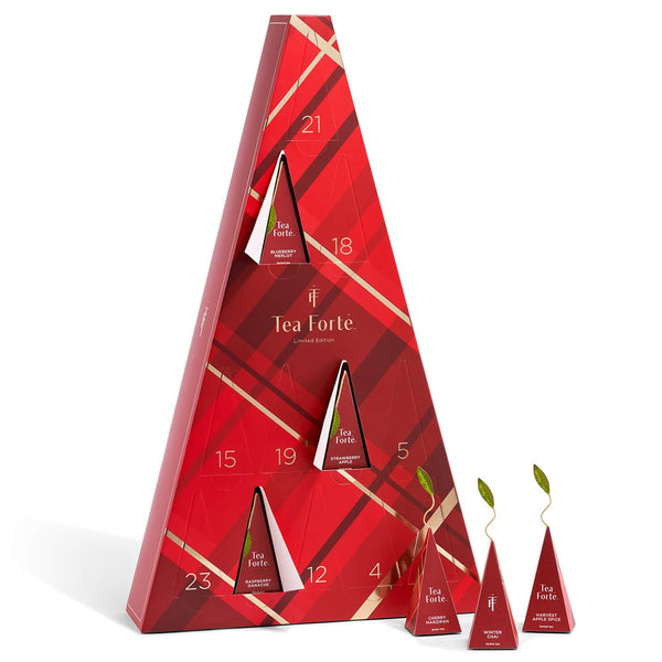 Tea Forte Warming Joy Holiday Herbal Tea Advent Calendar, Gift Set of 24 Pyramid Infuser Tea Bags with Numbered Calendar
