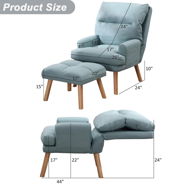 INZOY Accent Chairs with Ottoman, Leatherette Armchair with Ottoman for Bedroom Living Room, Mid Century Modern Chair with Adjustable Backrest and Side Pockets, Sky Blue