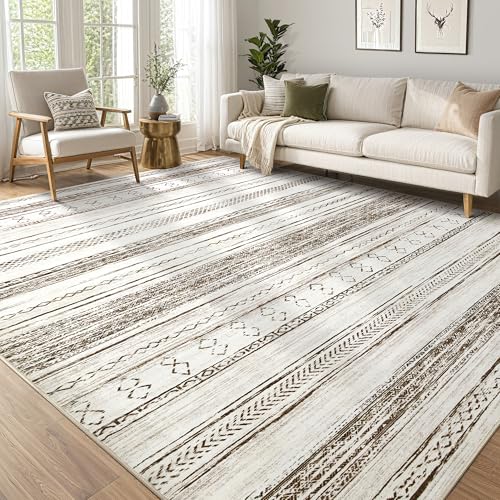 Area Rug Living Room Rugs - 5x7 Washable Large Soft Neutral Boho Moroccan Bohemian Farmhouse Rug Indoor Floor Carpet for Bedroom Under Dining Table Home Office Decor - Cream Brown