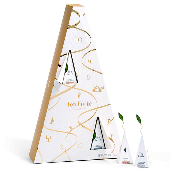 Tea Forte Warming Joy Holiday Herbal Tea Advent Calendar, Gift Set of 24 Pyramid Infuser Tea Bags with Numbered Calendar