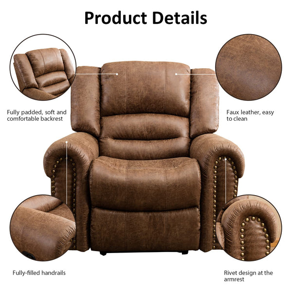 INZOY Leather Recliner Chair, Heavy Duty Manual Reclining Sofa Single Lounge Sofa for Living Room, Home Theater Seating, Light Brown