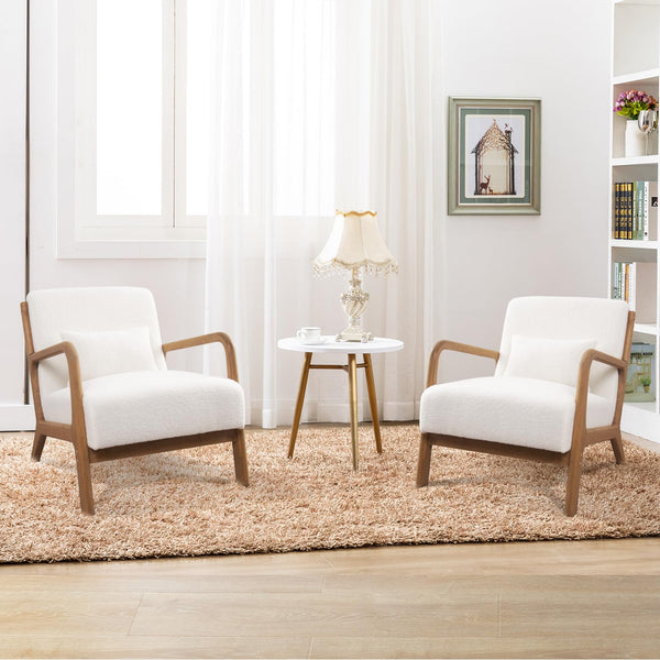 INZOY Mid Century Modern Accent Chair with Wood Frame, Upholstered Living Room Chairs with Waist Cushion, Reading Armchair for Bedroom Sunroom (Beige)