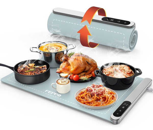 FEPPO Food Warming Mat, Upgrade High-tech Graphene Heating Film, Fast Full Surface Electric Warming Tray with 6 Level Adjustable Temperature and 6 Hours Timer, Roll Up Food Warmers for Parties Buffet