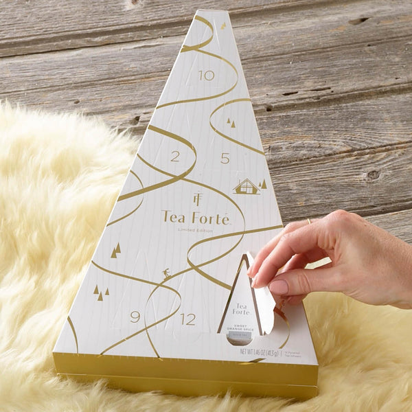 Tea Forte Warming Joy Holiday Herbal Tea Advent Calendar, Gift Set of 24 Pyramid Infuser Tea Bags with Numbered Calendar