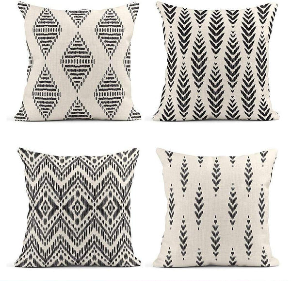 ArtSocket Set of 4 Throw Pillow Covers Ikat Tribal and Boho Bohemian Black Ethnic Herringbone for Ideas Decor Linen Outdoor Pillow Cases Home Decorative Square 22x22 Inches Pillowcases