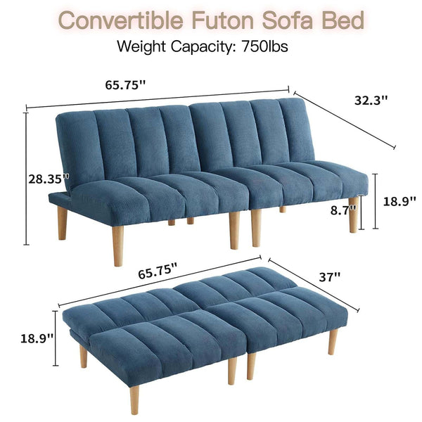 Convertible Futon Sofa Bed - Modern Sleeper Loveseat with Adjustable Backrest, Wooden Legs, and Soft Corduroy Fabric for Living Room, Bedroom, and Small Spaces (Blue)