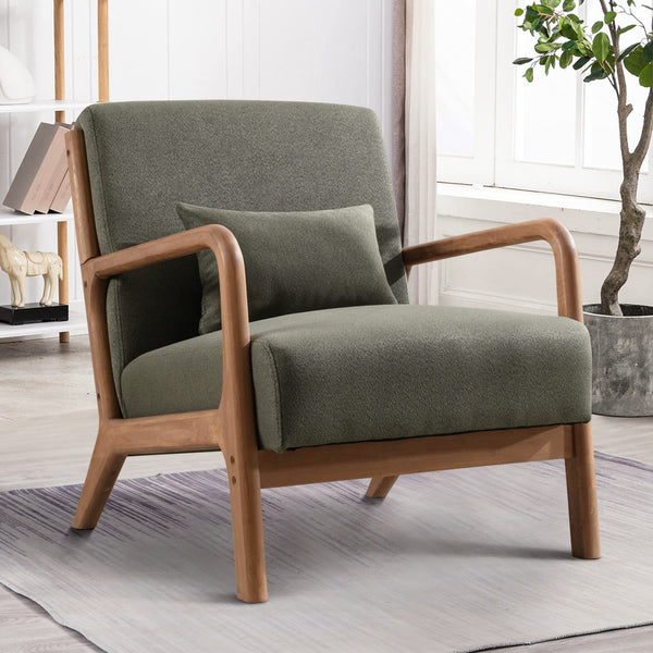 INZOY Mid Century Modern Accent Chair with Wood Frame, Upholstered Living Room Chairs with Waist Cushion, Reading Armchair for Bedroom Sunroom (Beige)