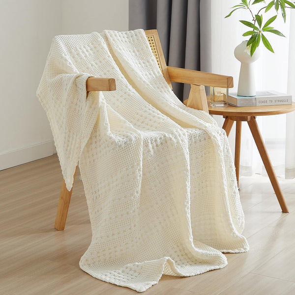 PHF 100% Cotton Waffle Weave Throw Blanket for Couch - Lightweight Washed Cotton Throw Blanket for Bed - 50"x60" Aesthetic Breathable Blanket for Room Decor & Office - Oatmeal