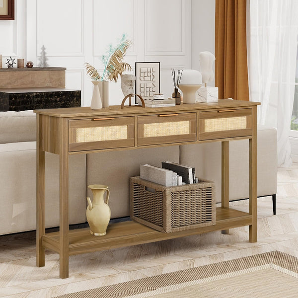 LAZZO Rattan Console Table Boho Entryway Table Narrow Long Sofa Table Hallway Foyer Table Behind Couch Table with 3 Drawers and Open Storage Shelf for Living Room and Corridor Natural Wood