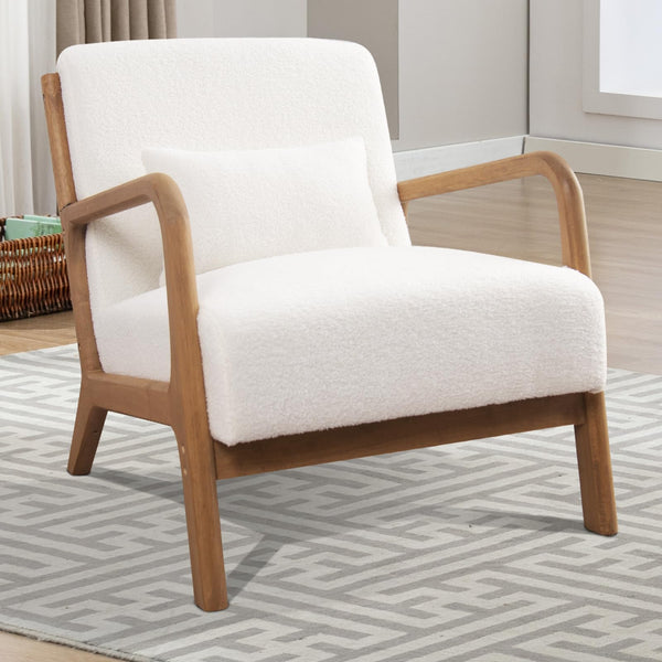 INZOY Mid Century Modern Accent Chair with Wood Frame, Upholstered Living Room Chairs with Waist Cushion, Reading Armchair for Bedroom Sunroom (Beige)