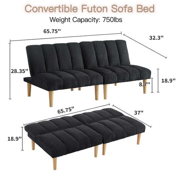 Convertible Futon Sofa Bed - Modern Sleeper Loveseat with Adjustable Backrest, Wooden Legs, and Soft Corduroy Fabric for Living Room, Bedroom, and Small Spaces (Blue)