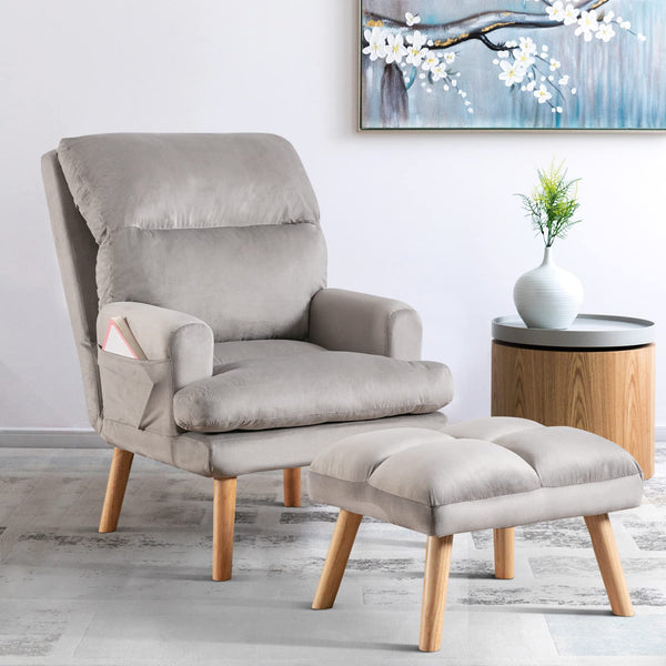 INZOY Accent Chairs with Ottoman, Leatherette Armchair with Ottoman for Bedroom Living Room, Mid Century Modern Chair with Adjustable Backrest and Side Pockets, Sky Blue