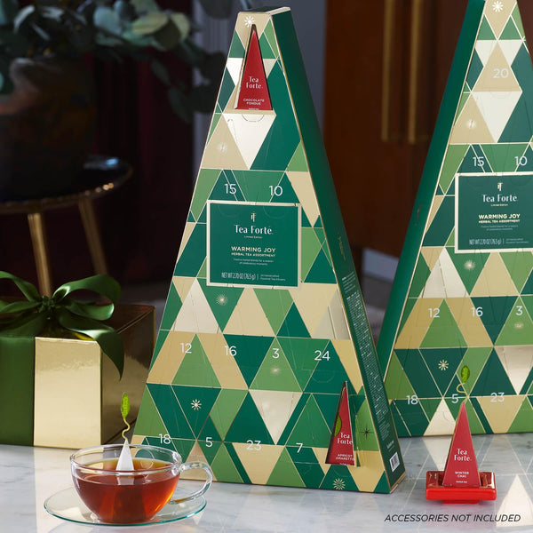 Tea Forte Warming Joy Holiday Herbal Tea Advent Calendar, Gift Set of 24 Pyramid Infuser Tea Bags with Numbered Calendar