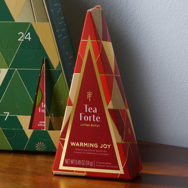 Tea Forte Warming Joy Holiday Herbal Tea Advent Calendar, Gift Set of 24 Pyramid Infuser Tea Bags with Numbered Calendar