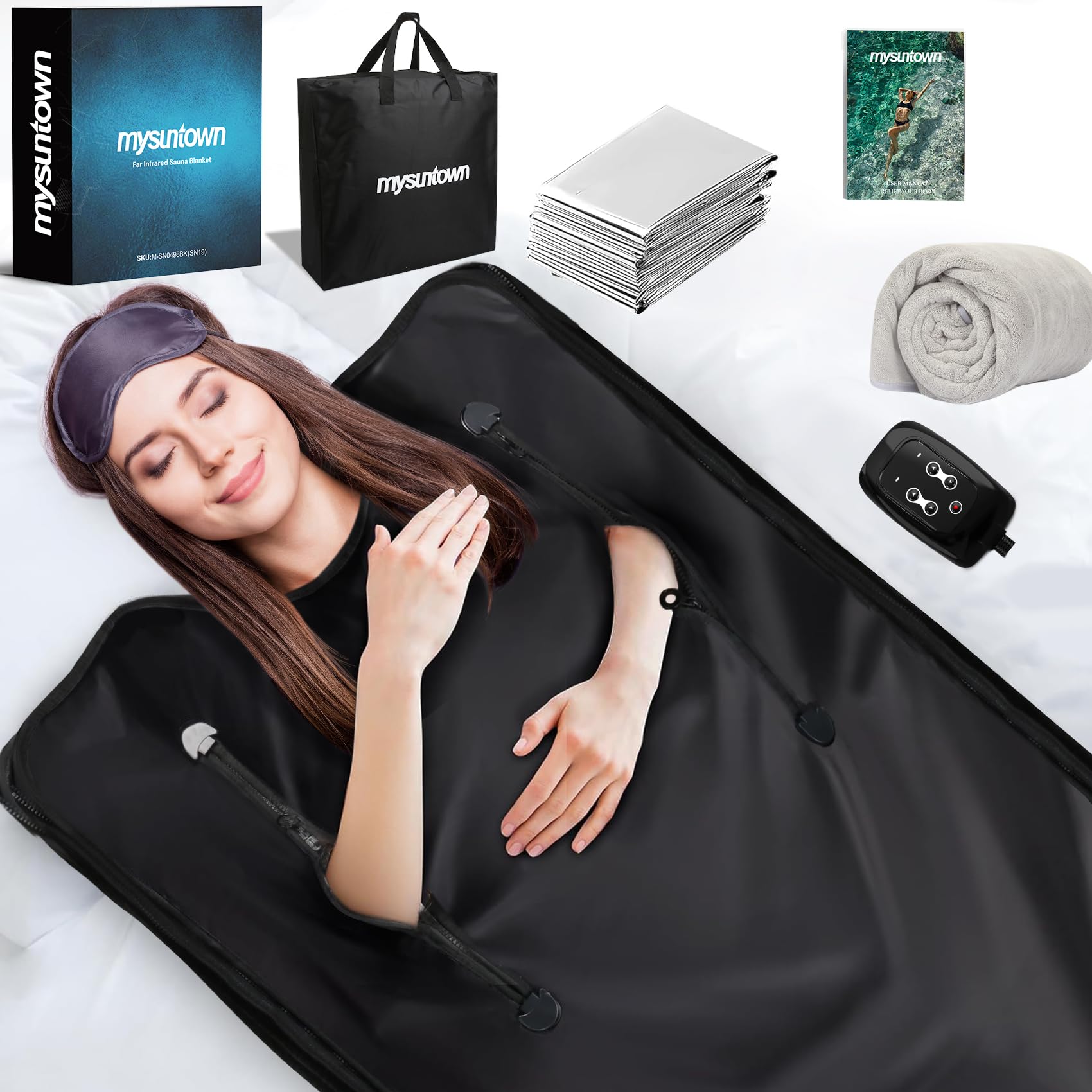 mysuntown Infrared Sauna Blanket for Detoxification，Portable Sauna Blanket with Sleeves,86-158℉,20-60 Minutes Timer,6.23ft x 2.95ft