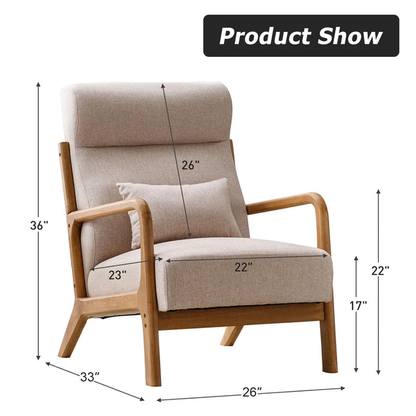 INZOY Mid Century Modern Accent Chair with Wood Frame, Upholstered Living Room Chairs with Waist Cushion, Reading Armchair for Bedroom Sunroom (Beige)